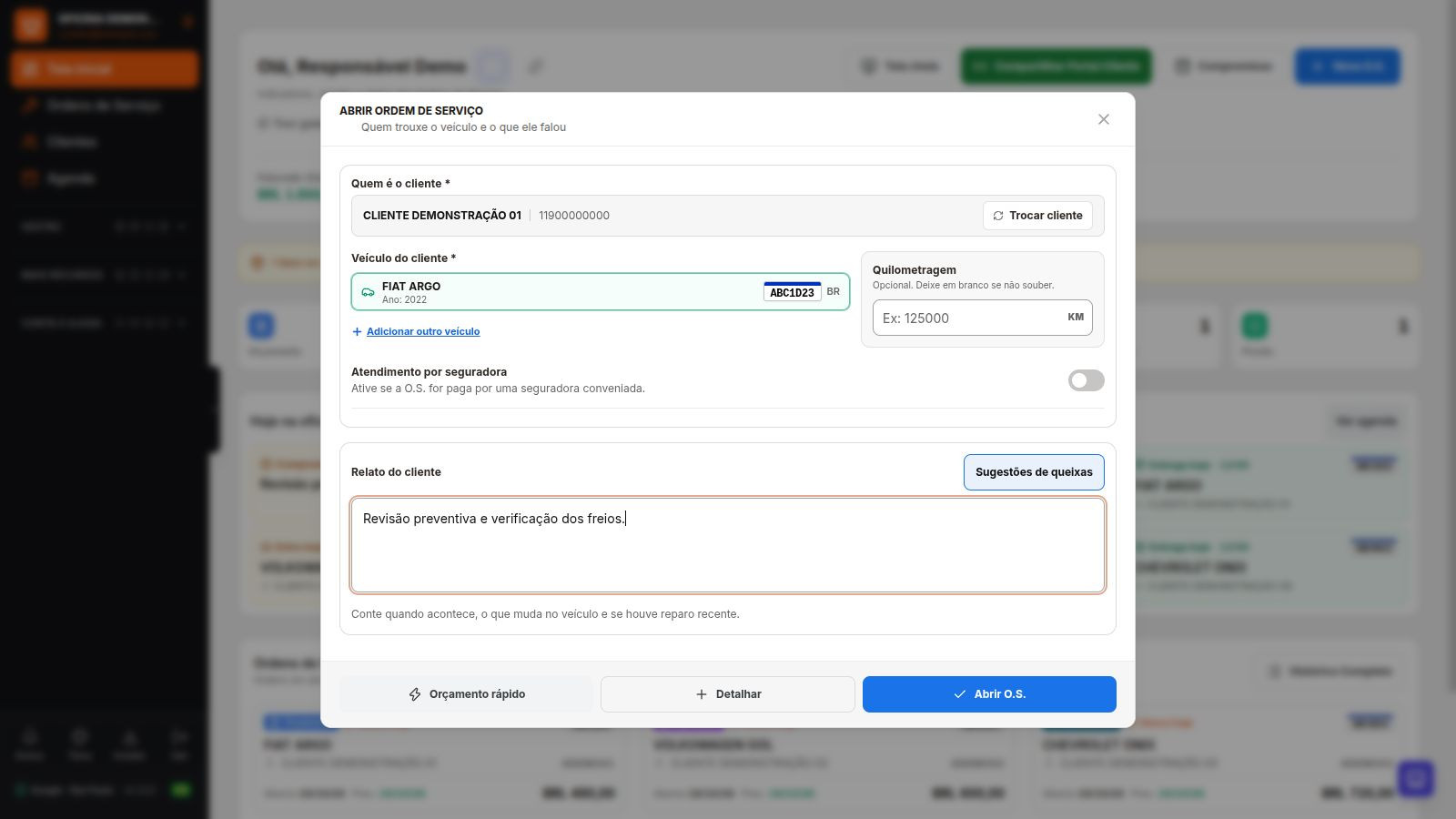 Screen for opening a new Work Order in Dono da Oficina